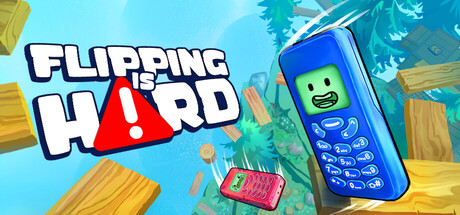 Steam header key art for Flipping is Hard, with the title beside a large blue brick phone and a smaller red phone.