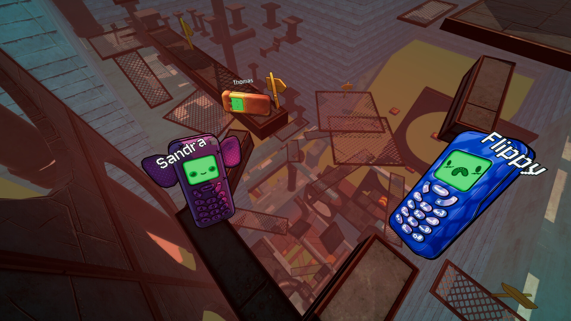 Three brick phones with player name labels perched on a narrow metal structure above a long drop.