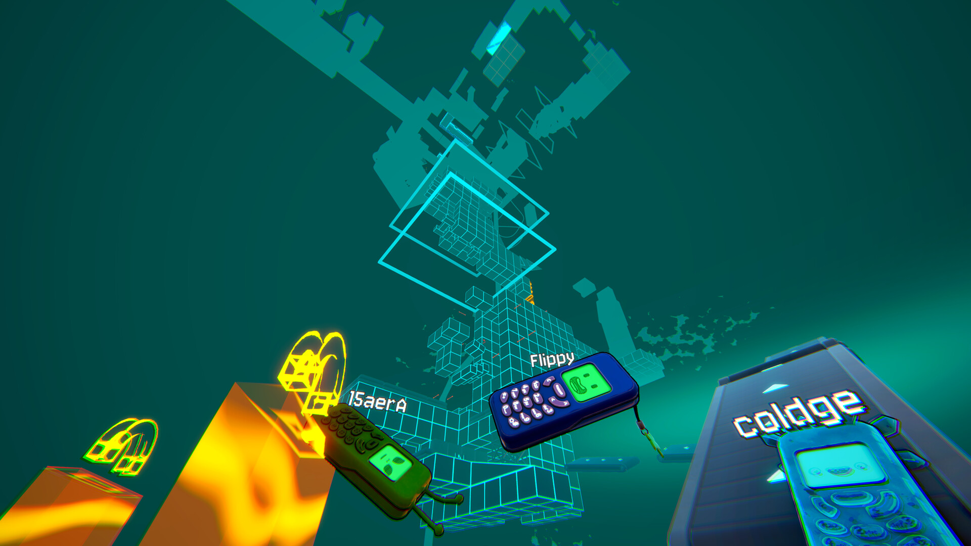 Several brick phones float beside a glowing teal wireframe tower in a dark green space.