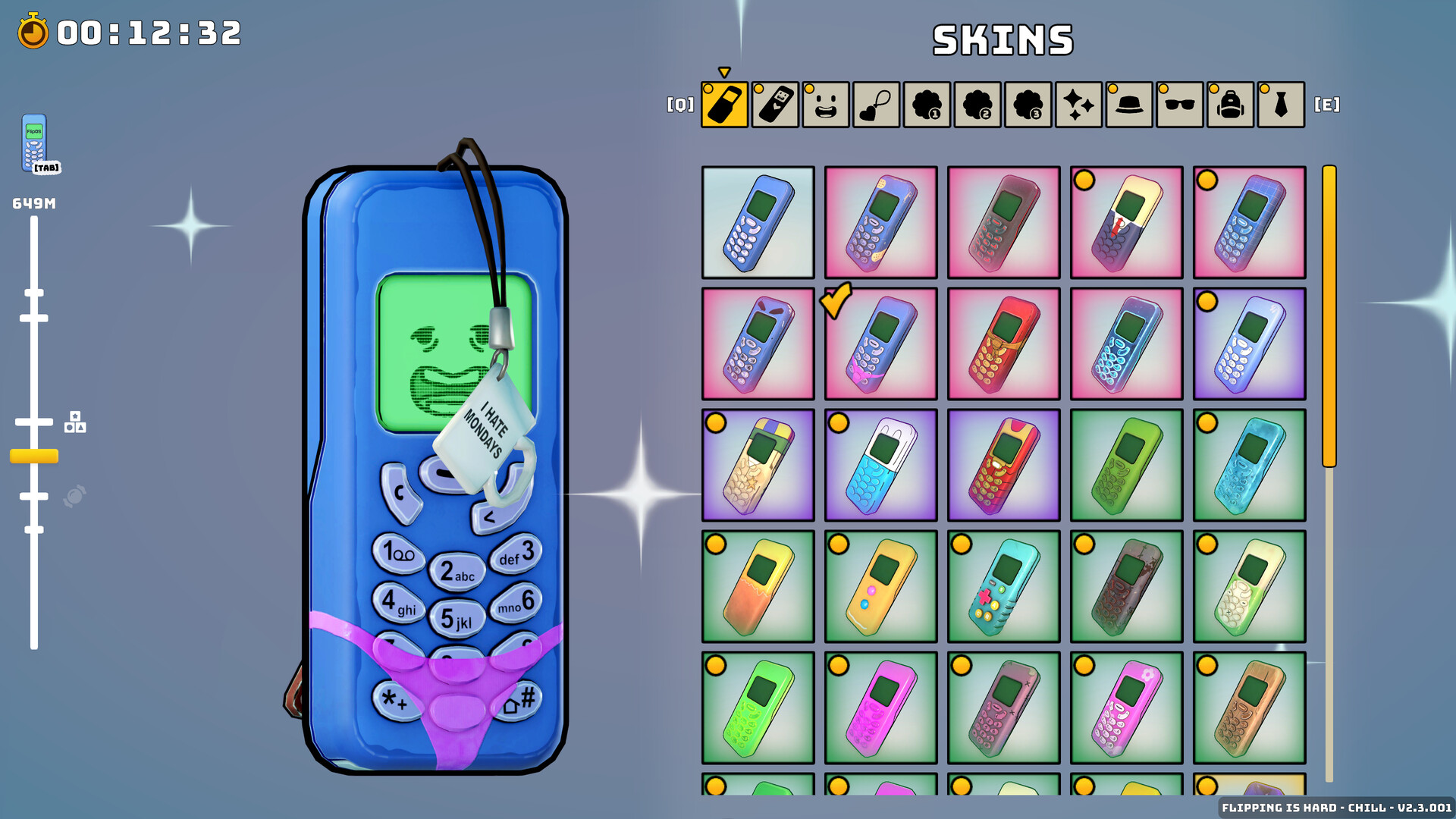 The skins menu, with a blue phone and charm on the left and a grid of colored phones on the right. A timer reads 00:12:32 and a meter reads 649M.