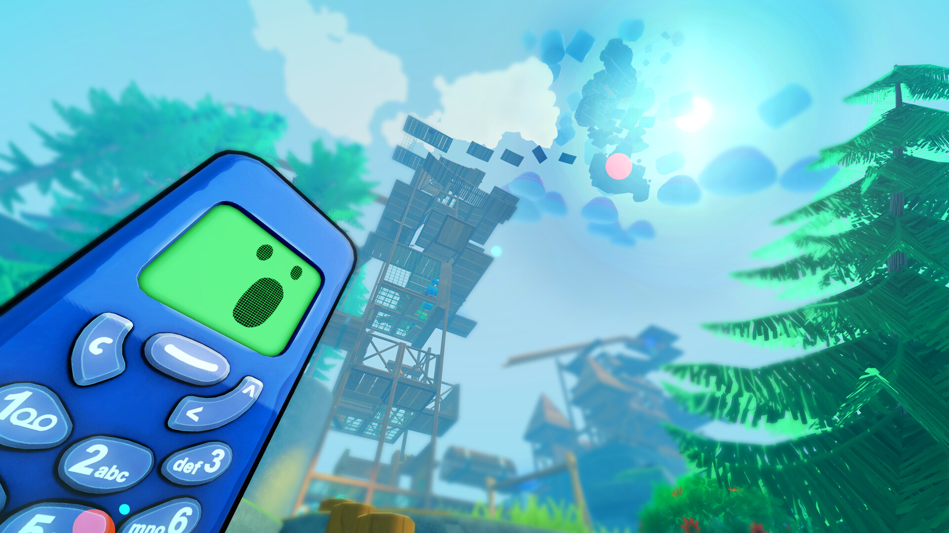A blue brick phone in the foreground beneath a tall wooden tower and open sky.